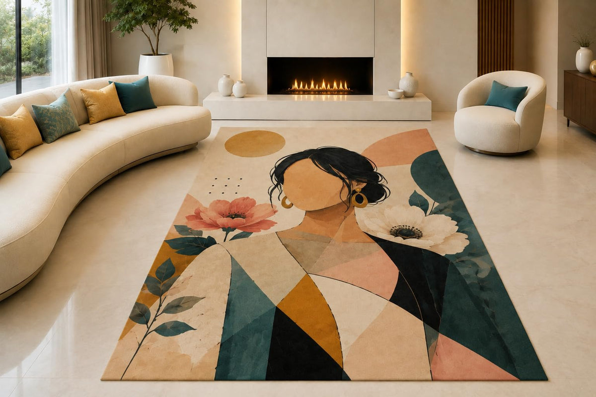 ICE ARMOR "Ultra Lightweight Large 6'7" x 9'10" Geometric Floral Woman Area Rug for Living Room, Bedroom and Home Office, Soft Low Pile Carpet with Non-Slip Silicone Backing, Teal and Beige