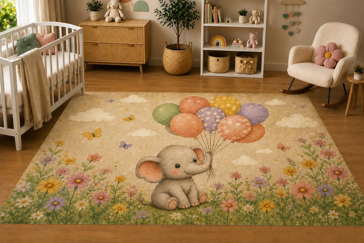 ICE ARMOR 5' x 7' Baby Elephant with Balloons Area Rug for Nursery, Soft Low Pile Indoor Rug with Non-Slip Silicone Backing, Kids Room, Playroom, Kids & Pets, Beige Pastel