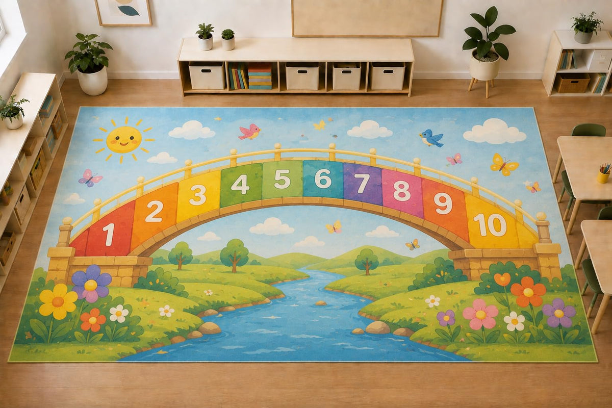 ICE ARMOR Large 6'7" x 9'10" Rainbow Number Bridge Area Rug, Soft Low Pile Indoor Rug with Non-Slip Silicone Backing for Kids Room Playroom, Sky Blue