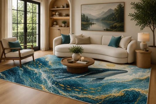 ICE ARMOR 6'7" x 9'10" Ocean Blue, Aqua and Cream Celestial Whale Area Rug for Living Room, Soft Low Pile Carpet with Non-Slip Backing for Bedroom, Dining Room and Home Office