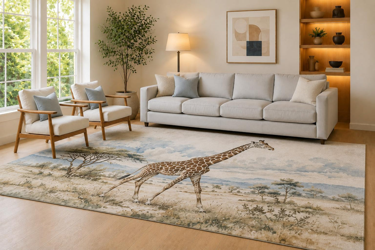 ICE ARMOR Large 6'7" x 9'10" Beige and Brown Running Giraffe Area Rug for Living Room, Soft Low Pile Carpet with Non-Slip Silicone Backing, Decor for Bedroom Dining Room and Home Office