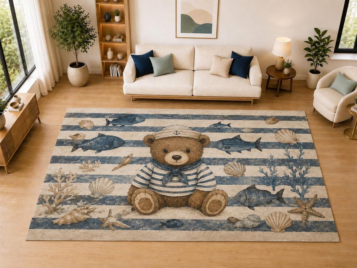 ICE ARMOR "Ultra Light Weight Large 6'7" x 9'10" Sailor Teddy Bear Coastal Decor, Living Room, Bedroom, Dining Room, Office, Family Room, Soft Low Pile Indoor Rug, Non-Slip Silicone Backing, Blue