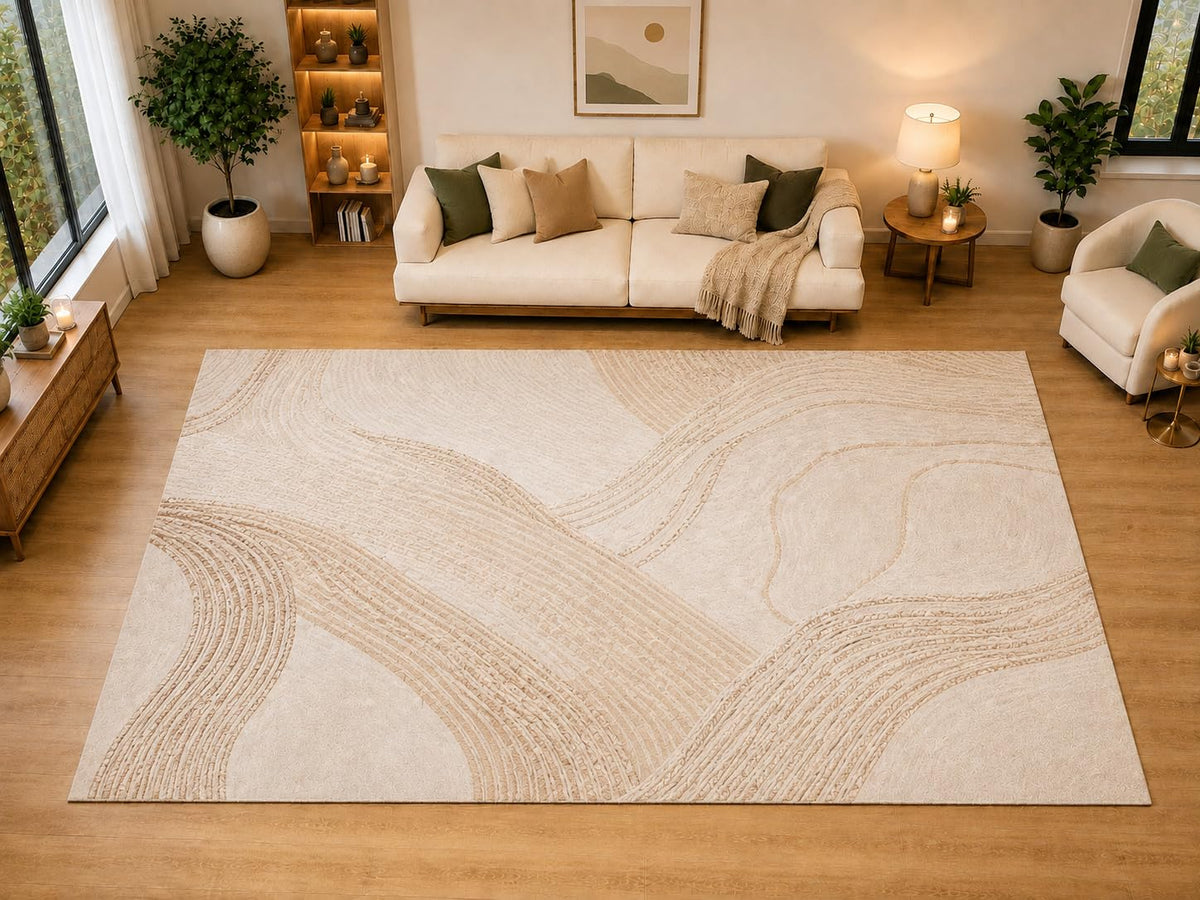 ICE ARMOR "Ultra Light Weight Large 6'7" x 9'10" Contour Ribbon Area Rug for Living Room, Bedroom, Dining Room, Soft Low Pile Non-Slip Backing, Ivory Sand