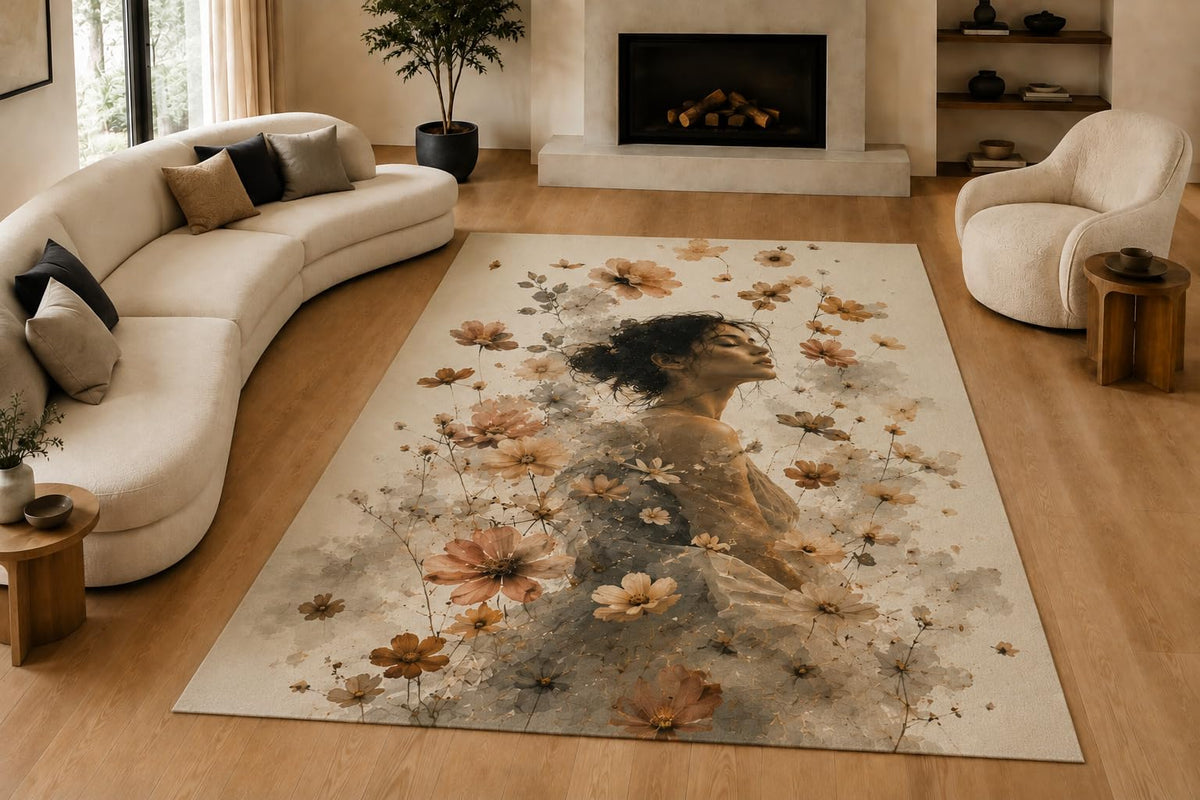 ICE ARMOR "Ultra Lightweight Large 6'7" x 9'10" Autumn Woman Area Rug for Living Room, Bedroom and Home Office, Soft Low Pile Carpet with Non-Slip Silicone Backing, Beige and Rust