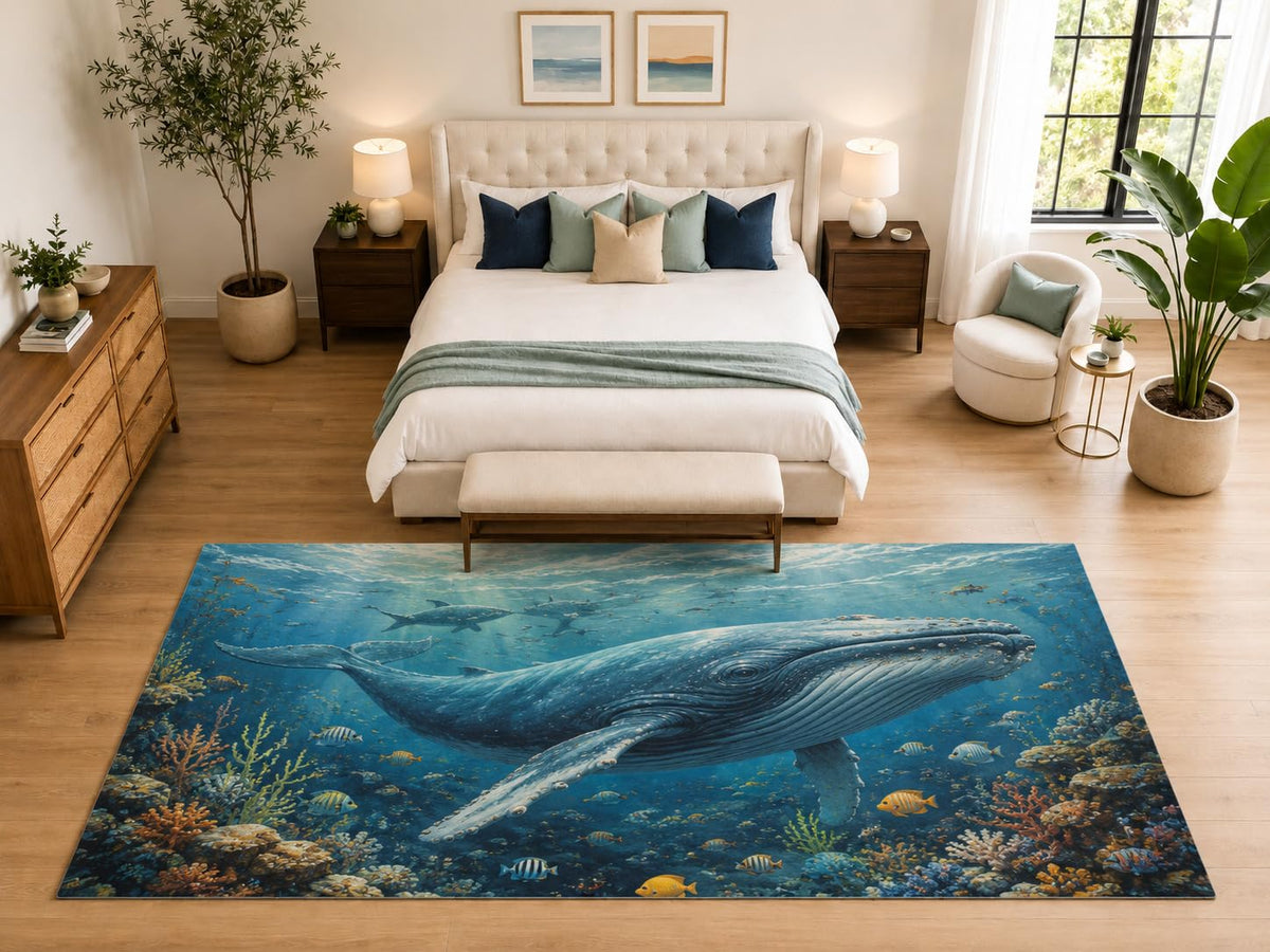 ICE ARMOR "Ultra Light Weight Large 6'7" x 9'10" Humpback Whale Reef Rug Bedroom, Soft Low Pile Indoor Rug and Non-Slip Silicone Backing, Blue