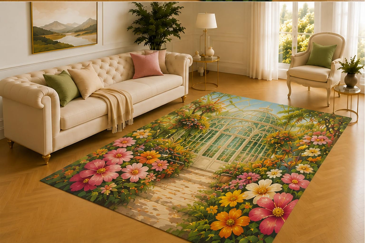 ICE ARMOR 5' x 7' Conservatory Garden Rug, Glasshouse Entrance Surrounded by Pink, Orange and White Flowers, Elegant Decor for Living Room, Bedroom, Sunroom or Office