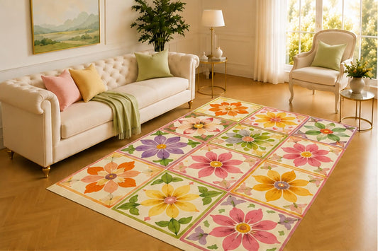ICE ARMOR 5' x 7' Floral Patchwork Rug, Twelve Colorful Flower Panels in Pink, Orange, Yellow and Purple, Playful Floor Decor for Bedroom, Studio or Nursery
