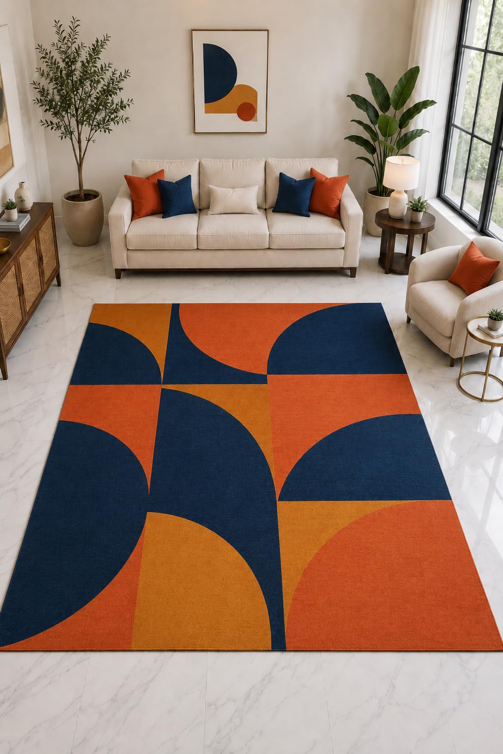 ICE ARMOR "Ultra Light Weight Large 6'7" x 9'10" Navy Orange Abstract Arch Rug, Soft Low Pile Indoor Rug, Non-Slip Silicone Backing for Office Navy