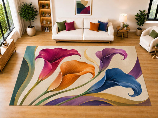 ICE ARMOR "Ultra Light Weight Large 6'7" x 9'10" Calla Lily Area Rug for Living Room Bedroom Dining Room, Soft Low Pile Non-Slip Backing, Burgundy Orange Blue Purple Modern Floral Decor