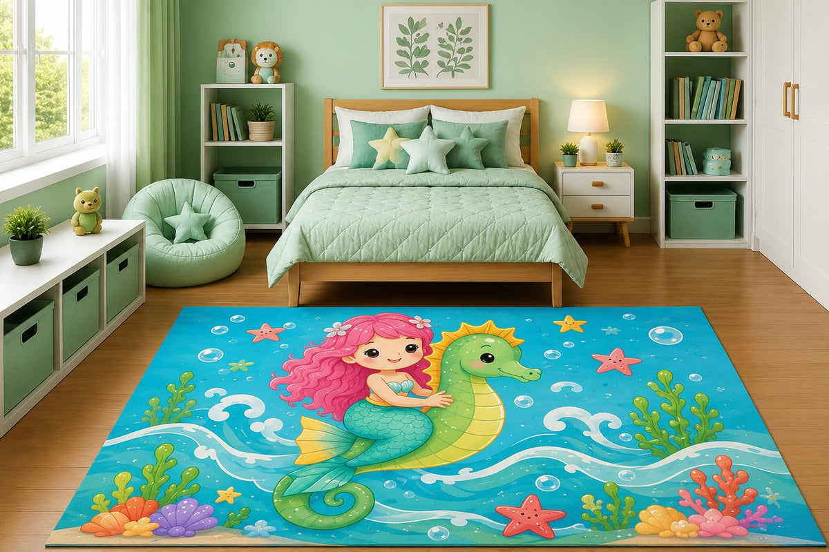 ICE ARMOR 5' x 7' Cute Mermaid Riding Seahorse Area Rug for Girls Bedroom Nursery Playroom Scandinavian Minimalist Ocean Animal Coastal Decor Non-Slip Silicone Backing Low Pile