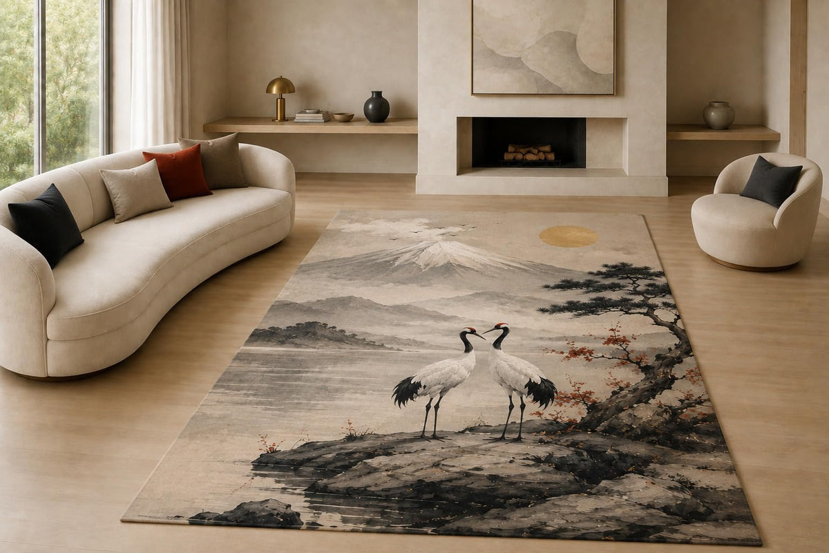 ICE ARMOR "Ultra Lightweight Large 6'7" x 9'10" Mount Fuji Crane Pair Area Rug for Living Room, Bedroom and Home Office, Soft Low Pile Carpet with Non-Slip Silicone Backing, White and Gray