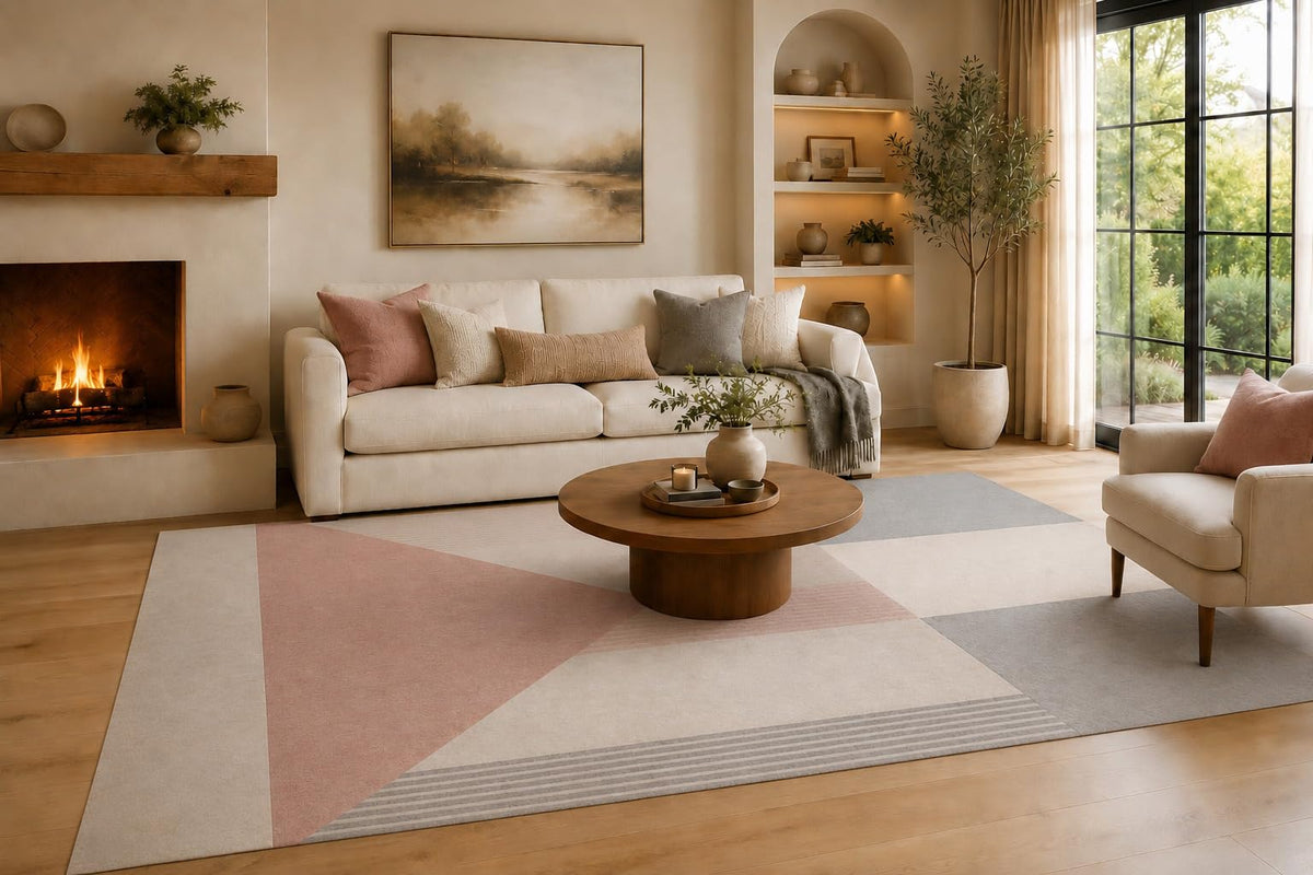 ICE Armor Large 6'7" x 9'10" Blush Pink and Gray Geometric Ribbon Blocks Area Rug for Living Room, Soft Low Pile Carpet with Non-Slip Silicone Backing, Decor for Bedroom, Dining Area and Home Office