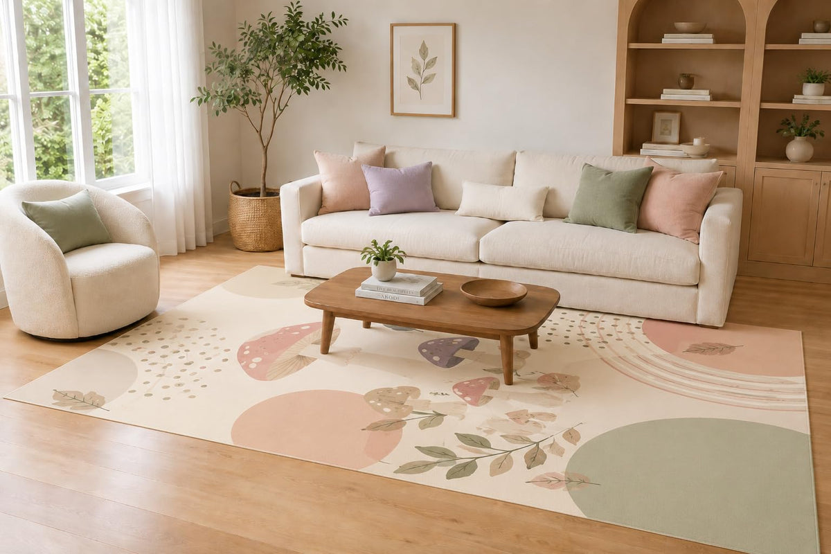 ICE ARMOR Large 6'7" x 9'10" Blush and Sage Whimsical Forest Area Rug for Living Room, Soft Low Pile Carpet with Non-Slip Silicone Backing, Decor for Bedroom, Dining Area and Home Office