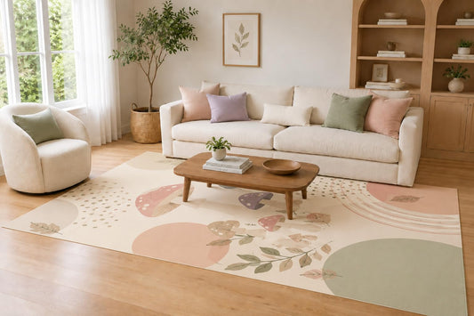 ICE ARMOR Large 6'7" x 9'10" Blush and Sage Whimsical Forest Area Rug for Living Room, Soft Low Pile Carpet with Non-Slip Silicone Backing, Decor for Bedroom, Dining Area and Home Office