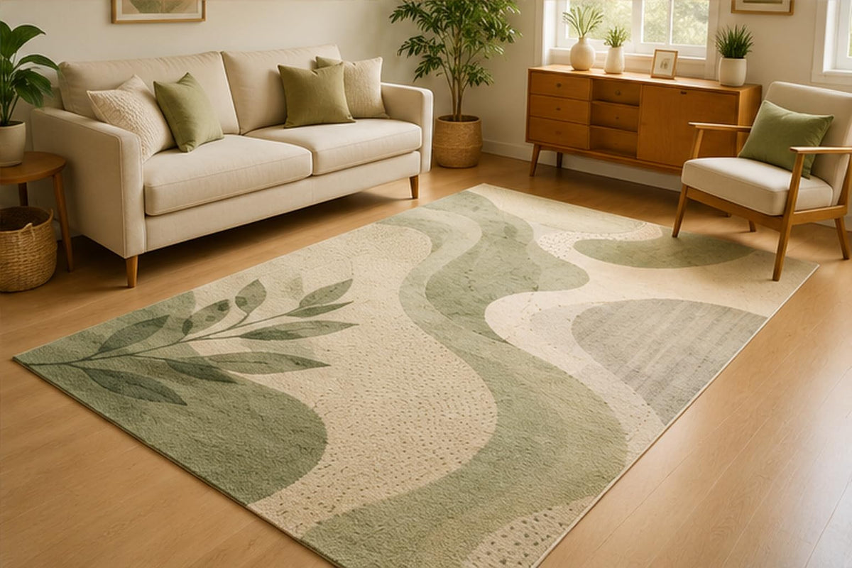 ICE ARMOR 5' x 7' Botanical Sage Leaf Abstract Area Rug for Living Room, Soft Low Pile Indoor Rug with Non-Slip Silicone Backing, Nature Carpet for Bedroom, Office, Family Room, Sage Green Beige
