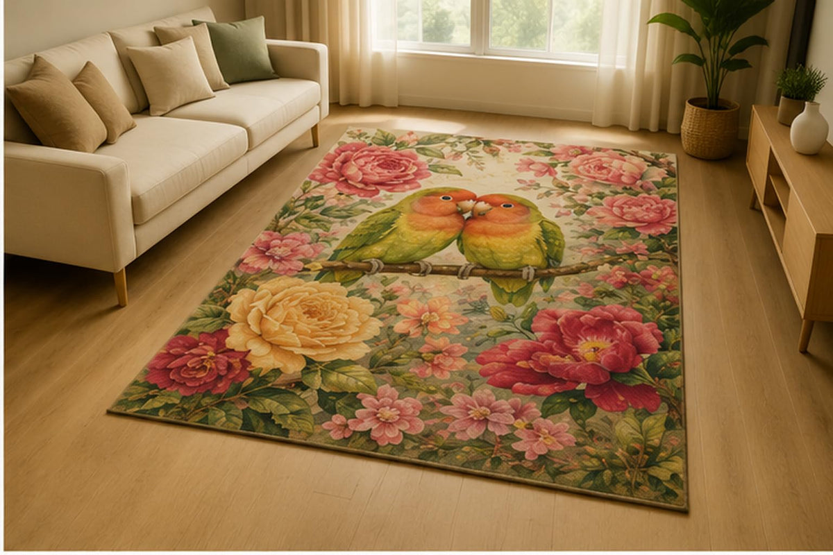 ICE ARMOR 5' x 7' Lovebird Rose Garden Area Rug for Living Room, Soft Low Pile Indoor Rug with Non-Slip Silicone Backing, Romantic Floral Decor for Bedroom, Nursery, Family Room, Kids & Pet