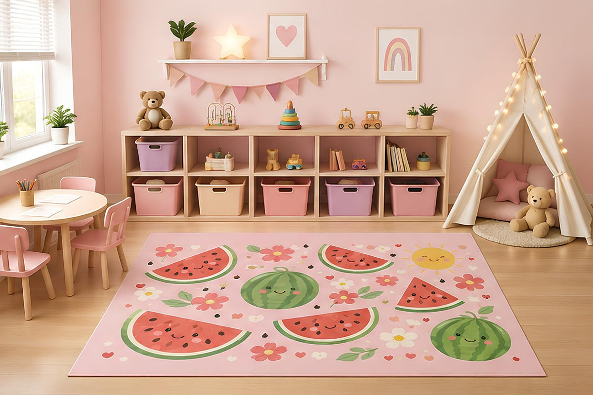 ICE ARMOR 5' x 7' Watermelon Summer Area Rug for Kids Playroom Nursery Bedroom, Cute Fruit Floral Pastel Cartoon Carpet, Non-Slip Silicone Backing Low Pile