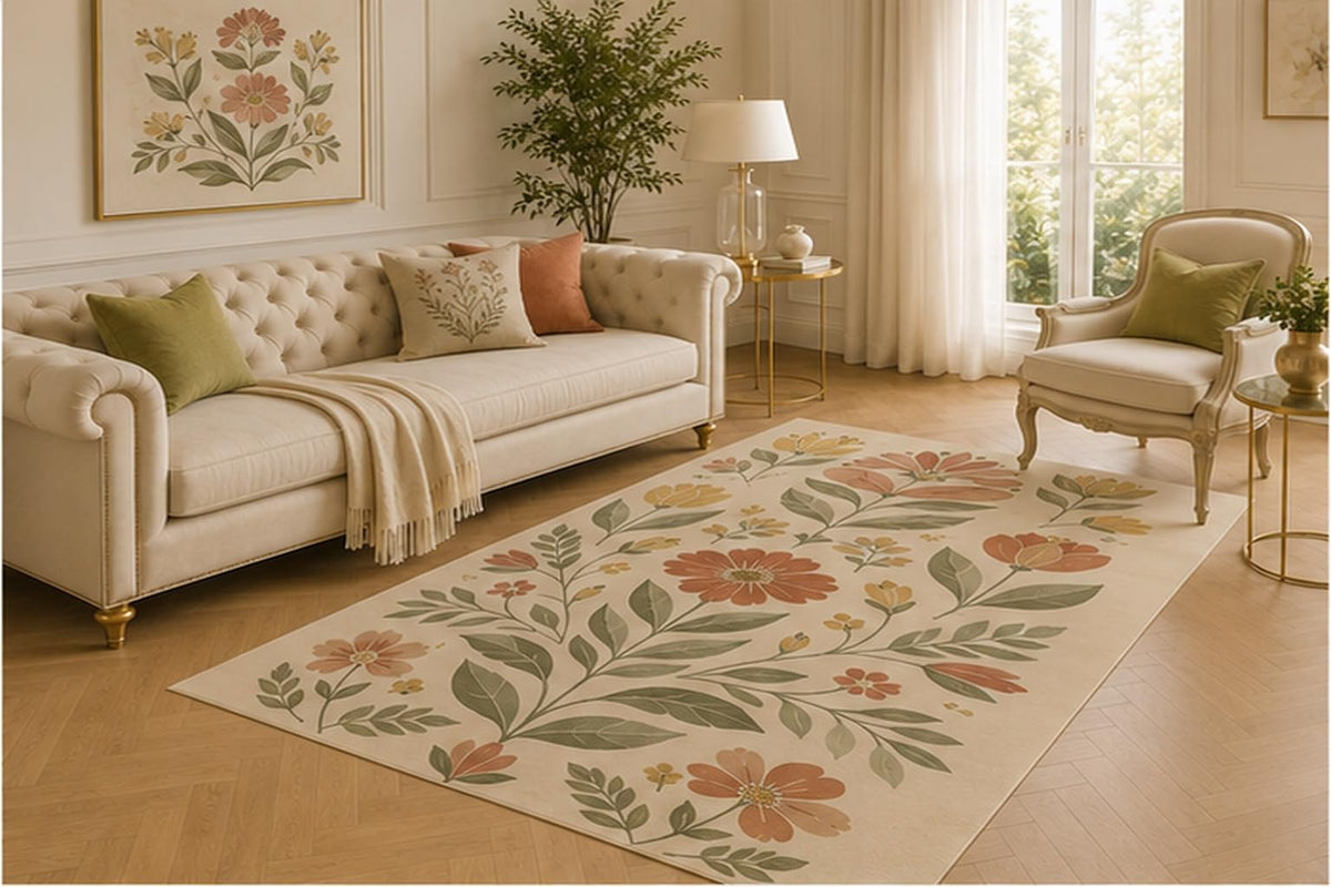 ICE ARMOR 5' x 7' Folk Floral Botanical Area Rug for Living Room, Soft Low Pile Indoor Carpet with Non-Slip Backing for Bedroom, Dining Room, Office, Coral