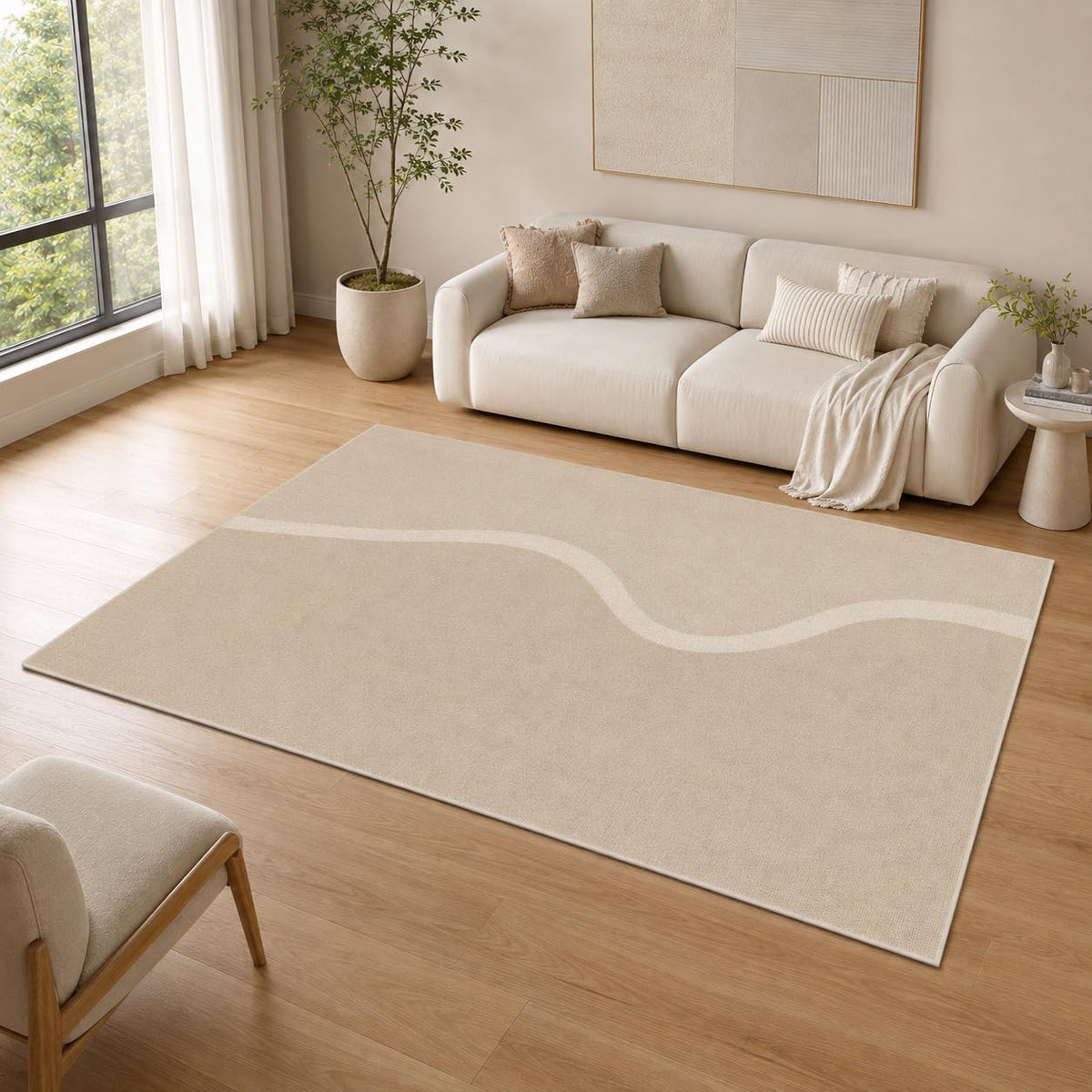 ICE ARMOR 5' x 7' Modern Wavy Line Area Rug for Living Room, Soft Low Pile Indoor Rug with Non-Slip Silicone Backing, Decorative Carpet for Bedroom, Office, Family Room, Cream