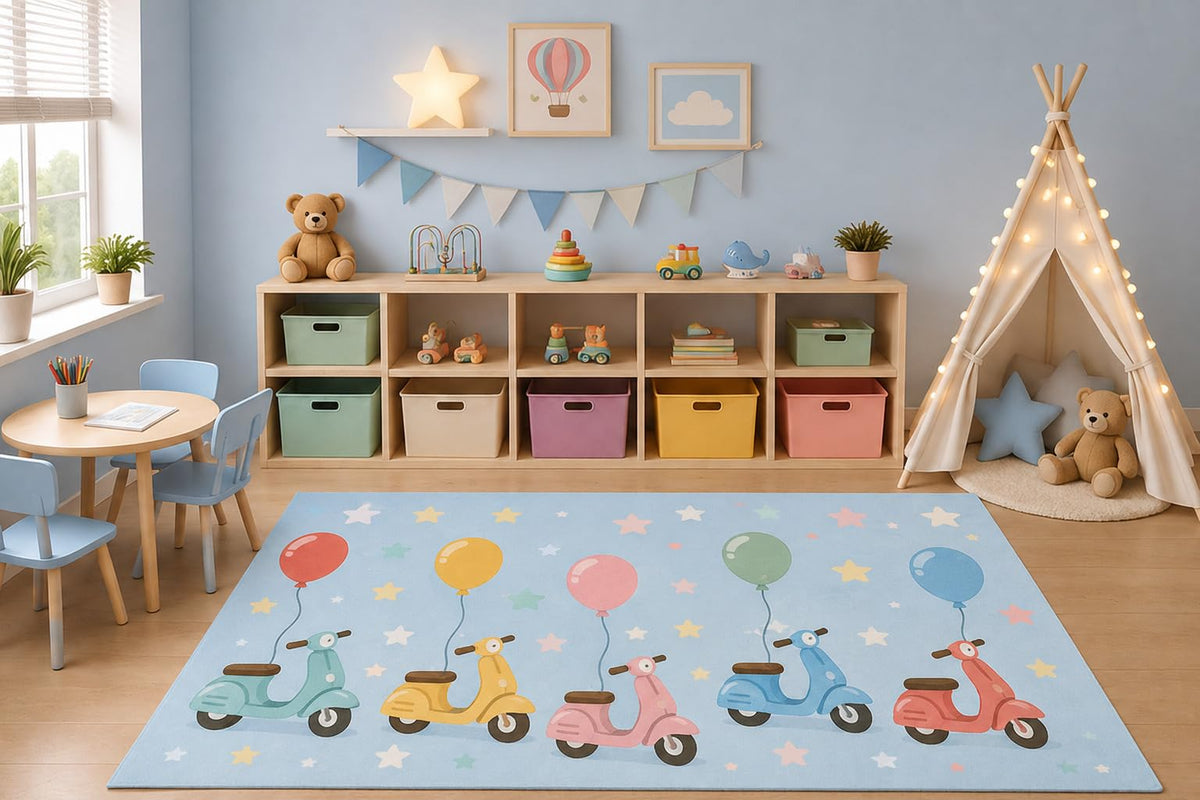 ICE ARMOR 5' x 7' Cute Scooters Area Rug for Kids Playroom Nursery Bedroom, Pastel Motor Scooters Balloons Transportation Cartoon Carpet, Non-Slip Silicone Backing Low Pile