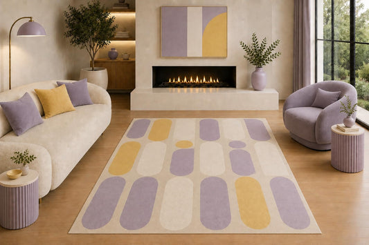 ICE ARMOR "Ultra Light Weight 5' x 7' Mid Century Modern Geometric Area Rug Lavender Yellow Cream Rounded Capsule Pattern for Living Room Bedroom Nursery Office Non-Slip Silicone Backing Low Pile