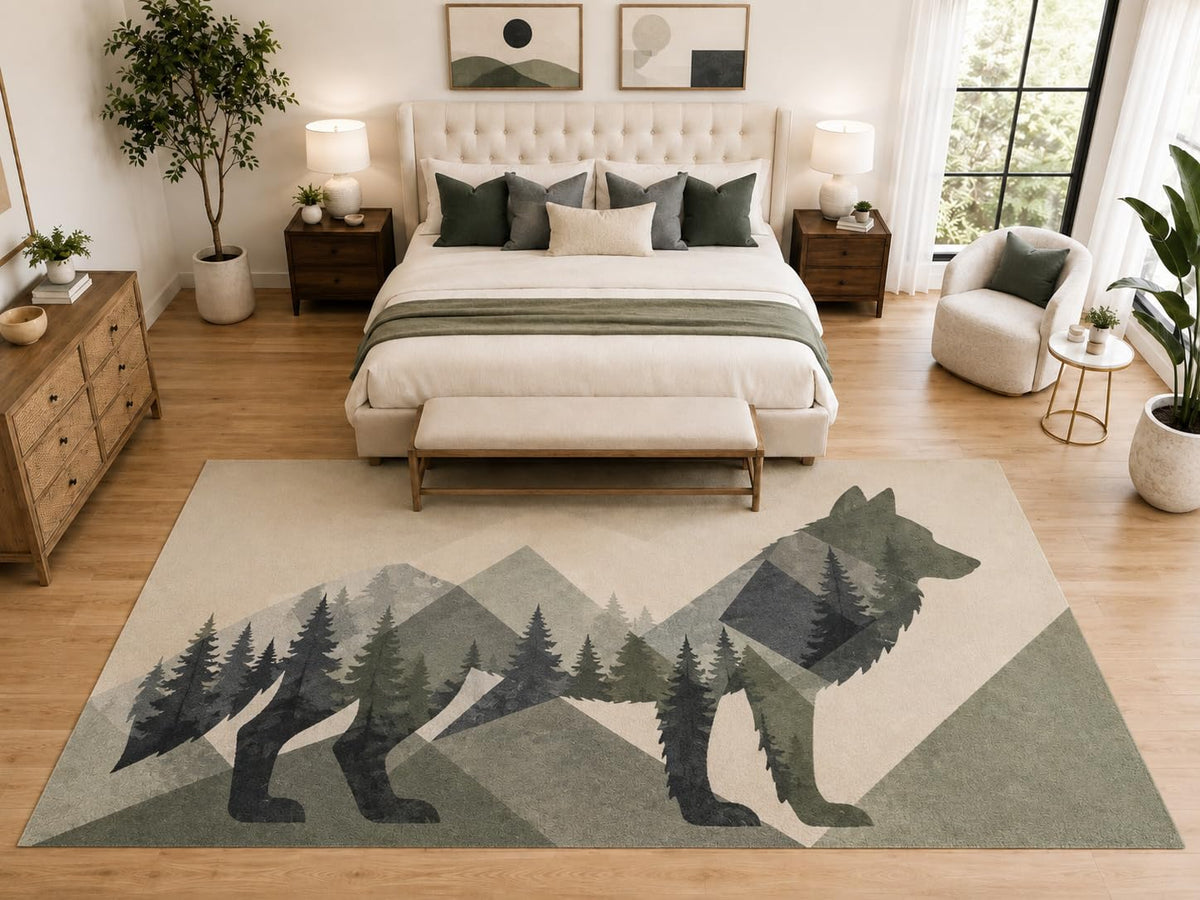 ICE ARMOR "Ultra Light Weight Large 6'7" x 9'10" Forest Wolf Area Rug Carpet Soft Low Pile Indoor Rug and Non-Slip Silicone Backing Sage