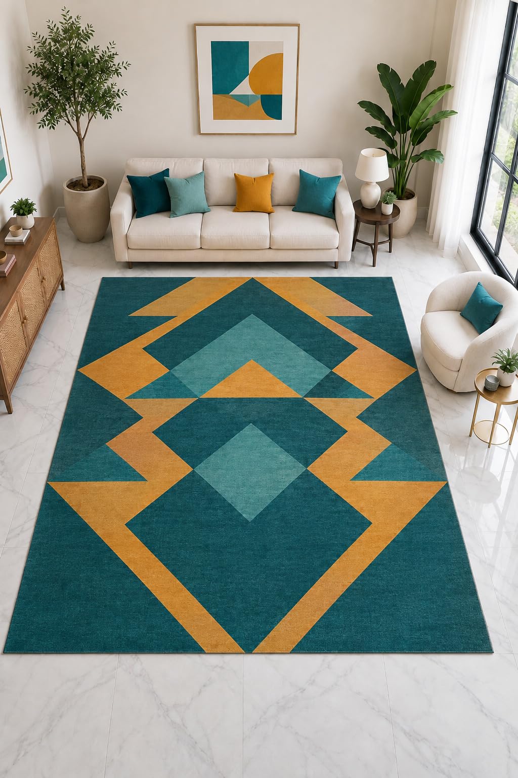 ICE ARMOR "Ultra Light Weight Large 6'7" x 9'10" Teal Diamond Geometric Rug, Soft Low Pile Indoor Rug, Non-Slip Silicone Backing for Office Teal