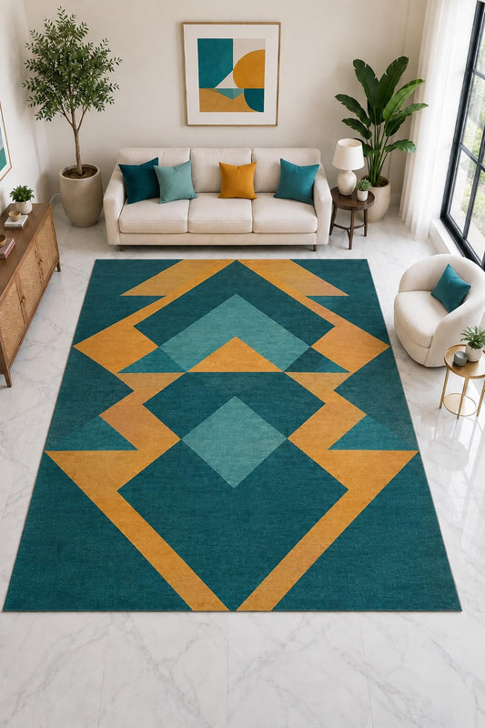 ICE ARMOR "Ultra Light Weight Large 6'7" x 9'10" Teal Diamond Geometric Rug, Soft Low Pile Indoor Rug, Non-Slip Silicone Backing for Office Teal