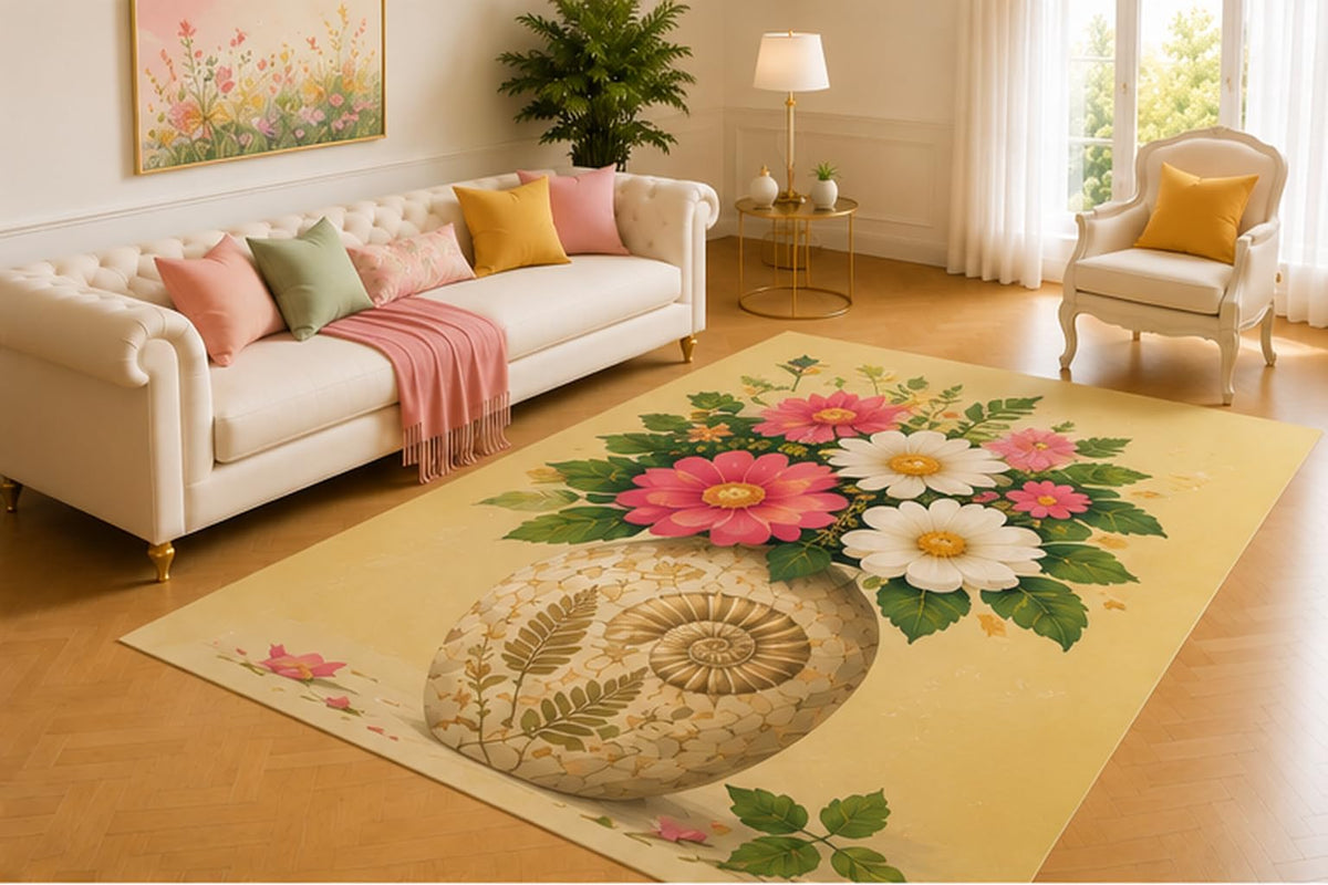 ICE ARMOR 5' x 7' Botanical Fossil Vase Rug, Pink and White Daisies with Fern Medallion on Cream, Artistic Decor for Living Room, Bedroom, Office or Entryway