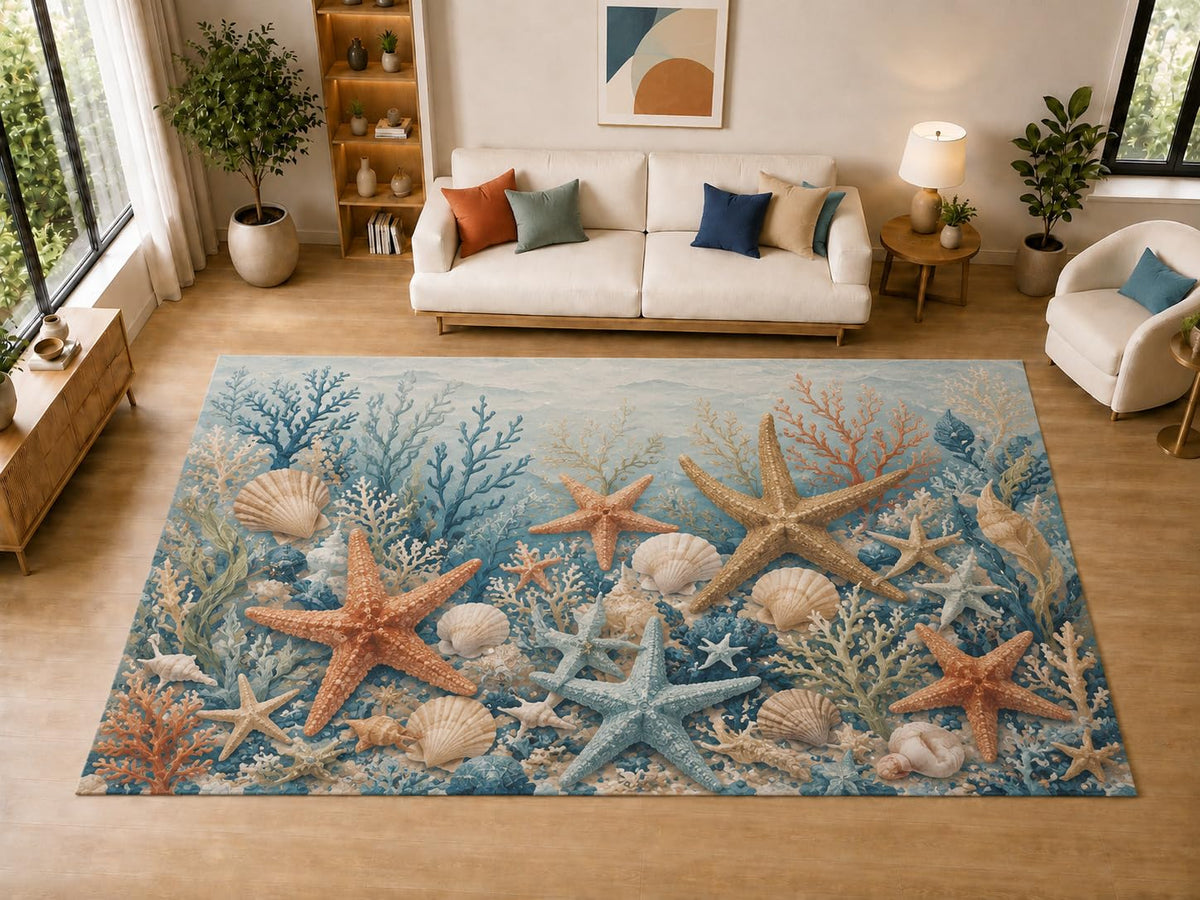 ICE ARMOR "Ultra Light Weight Large 6'7" x 9'10" Starfish Coral, Living Room, Bedroom, Dining Room, Office, Family Room, Soft Low Pile Indoor Rug, Non-Slip Silicone Backing, Blue