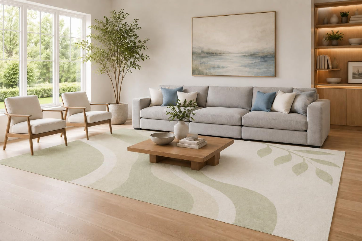 ICE ARMOR Large 6'7" x 9'10" Sage Green and Cream Botanical Wave Design Area Rug for Living Room, Soft Low Pile Carpet with Non-Slip Silicone Backing, Decor for Bedroom and Home Office