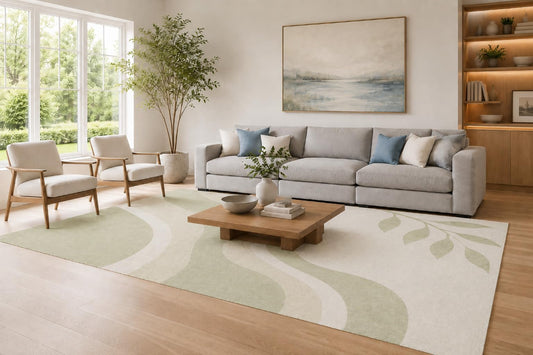 ICE ARMOR Large 6'7" x 9'10" Sage Green and Cream Botanical Wave Design Area Rug for Living Room, Soft Low Pile Carpet with Non-Slip Silicone Backing, Decor for Bedroom and Home Office