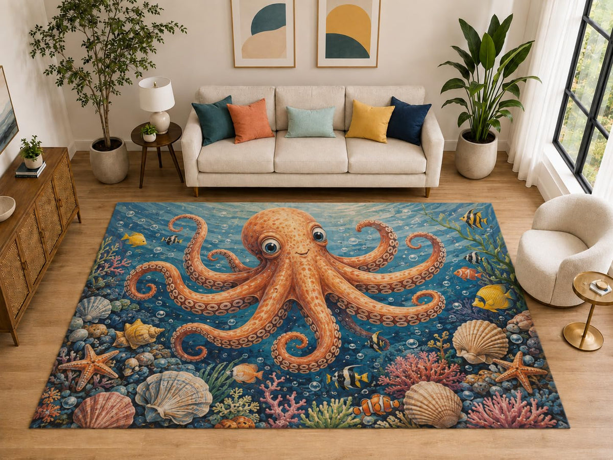 ICE ARMOR "Ultra Light Weight Large 6'7" x 9'10" Cute Octopus Reef Rug Kids Room, Soft Low Pile Indoor Rug and Non-Slip Silicone Backing, Blue