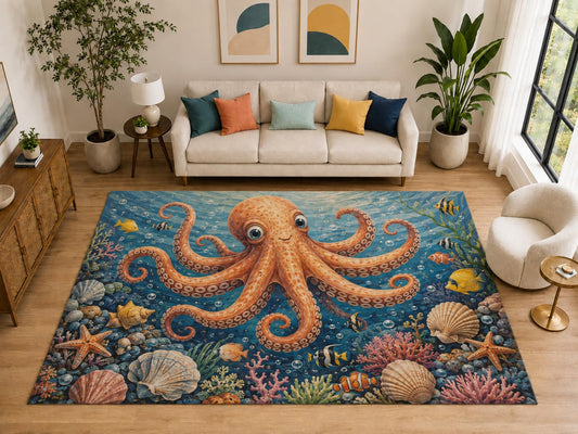 ICE ARMOR "Ultra Light Weight Large 6'7" x 9'10" Cute Octopus Reef Rug Kids Room, Soft Low Pile Indoor Rug and Non-Slip Silicone Backing, Blue