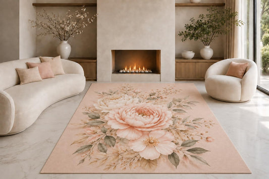 ICE ARMOR "Ultra Lightweight Large 6'7" x 9'10" Delicate Peony Bloom Area Rug for Living Room, Bedroom and Home Office, Soft Low Pile Carpet with Non-Slip Silicone Backing, Blush and Cream
