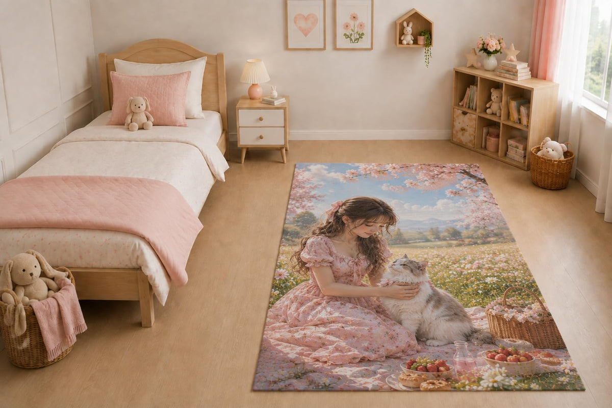 ICE ARMOR "Ultra Light Weight 5' x 7' Blossom Girl and Cat Area Rug for Living Room, Bedroom and Home Office, Soft Low Pile Carpet with Non-Slip Silicone Backing, Pink and Beige