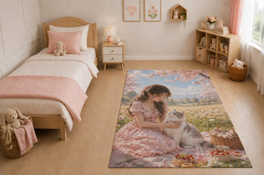 ICE ARMOR "Ultra Light Weight 5' x 7' Blossom Girl and Cat Area Rug for Living Room, Bedroom and Home Office, Soft Low Pile Carpet with Non-Slip Silicone Backing, Pink and Beige
