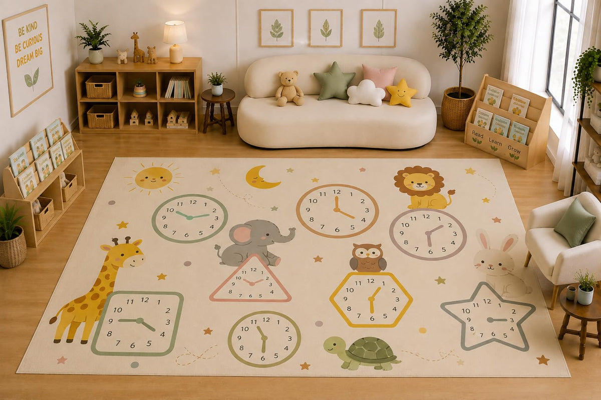 ICE ARMOR Large 6'7" x 9'10" Animal Clock Time Learning Activity Area Rug for for Kids Room, Classroom, Bedroom, Playroom Decor, Soft Low Pile Indoor Rug with Non-Slip Silicone Backing, Beige Cream