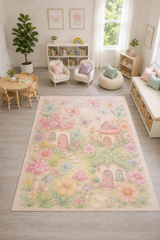 ICE ARMOR "Ultra Light Weight Large 6'7" x 9'10" Fairy Cottage Garden Rug, Soft Low Pile Indoor Rug, Non-Slip Silicone Backing for Nursery Pastel