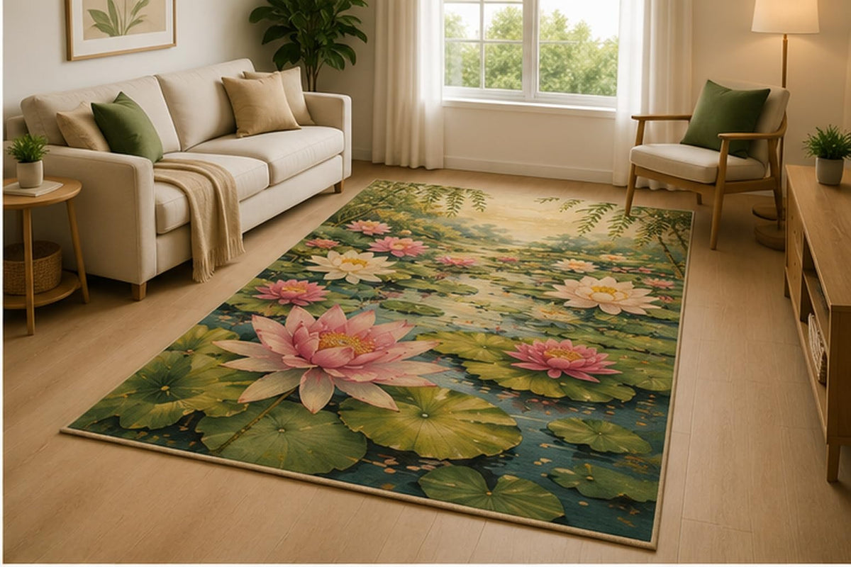 ICE ARMOR 5' x 7' Elegant Floral Bloom Area Rug for Living Room, Soft Low Pile Indoor Rug with Non-Slip Silicone Backing, Decorative Carpet for Bedroom, Office, Family Room, Purple Green