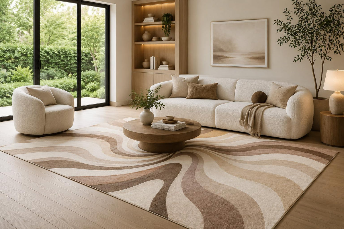 ICE ARMOR 6'7" x 9'10" Cream, Caramel and Brown Marble Current Area Rug for Living Room, Soft Low Pile Carpet with Non-Slip Backing for Bedroom, Dining Room and Home Office