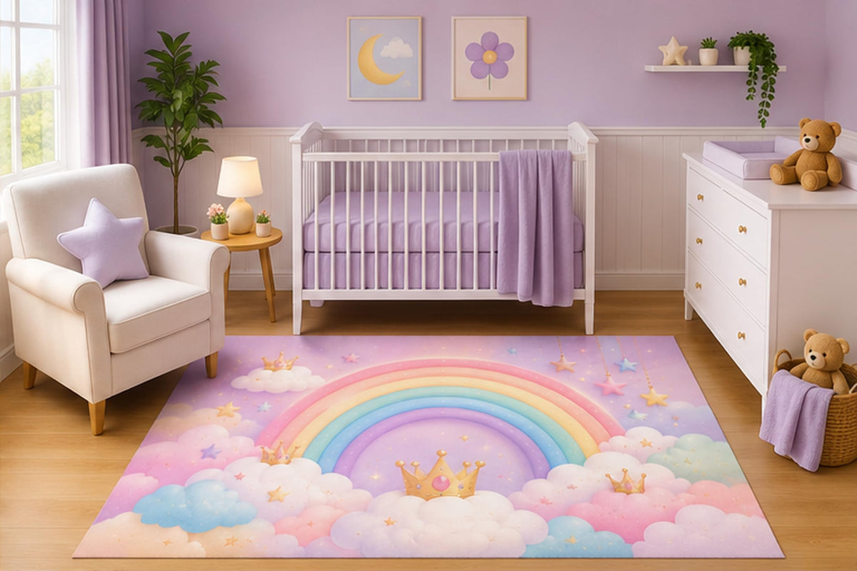 ICE ARMOR 5' x 7' Princess Rainbow Crown Area Rug for Nursery Room, Cute Pastel Clouds and Stars Fantasy Design for Baby Girl Bedroom Decor, Non-Slip Silicone Backing Low Pile