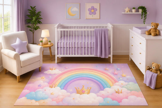 ICE ARMOR 5' x 7' Princess Rainbow Crown Area Rug for Nursery Room, Cute Pastel Clouds and Stars Fantasy Design for Baby Girl Bedroom Decor, Non-Slip Silicone Backing Low Pile