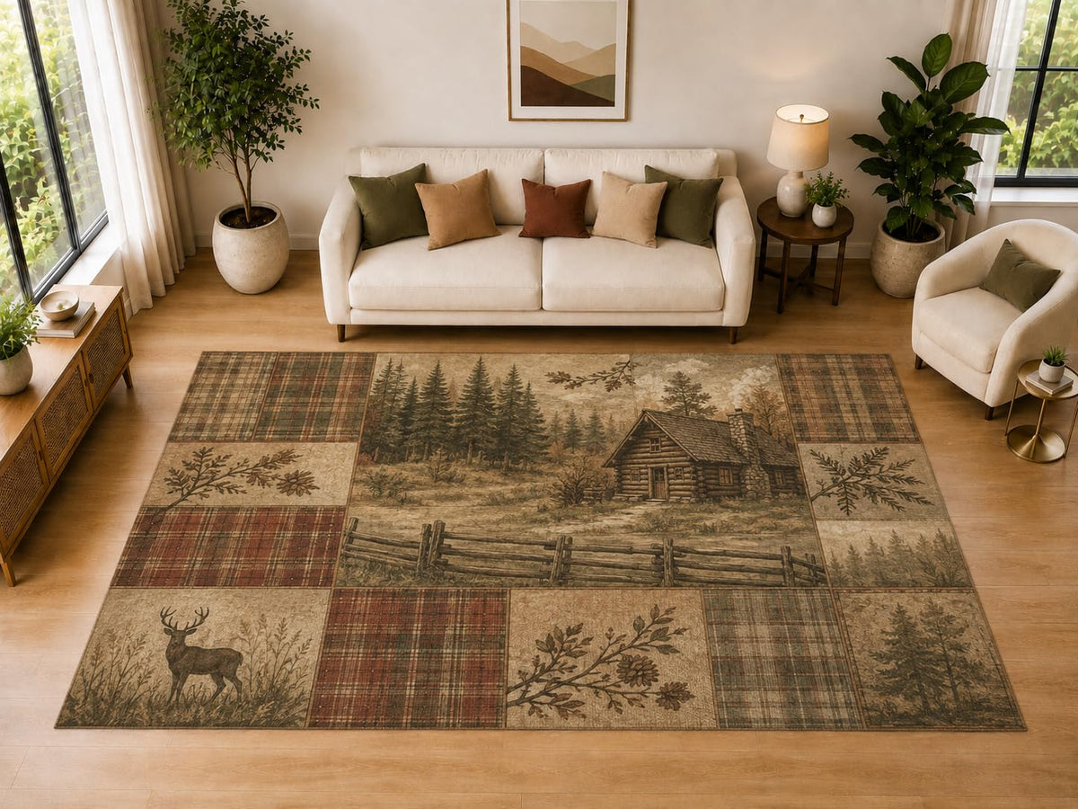ICE ARMOR "Ultra Light Weight Large 6'7" x 9'10" Rustic Cabin Patchwork, Living Room, Bedroom, Dining Room, Office, Family Room, Soft Low Pile Indoor Rug, Non-Slip Silicone Backing, Brown