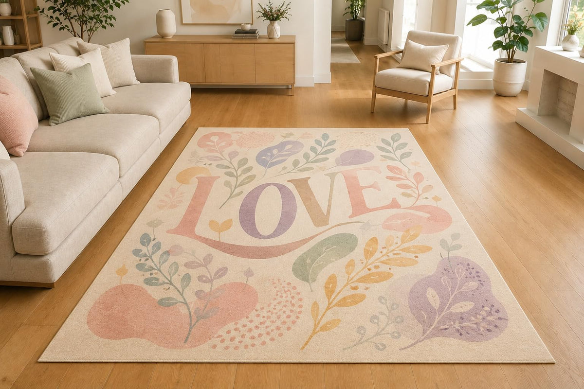 ICE ARMOR 5' x 7' Minimal Botanical Love Area Rug, Soft Low Pile Indoor Rug with Non-Slip Silicone Backing for Living Room, Bedroom, Office, Modern Decor, Cream Pink Sage