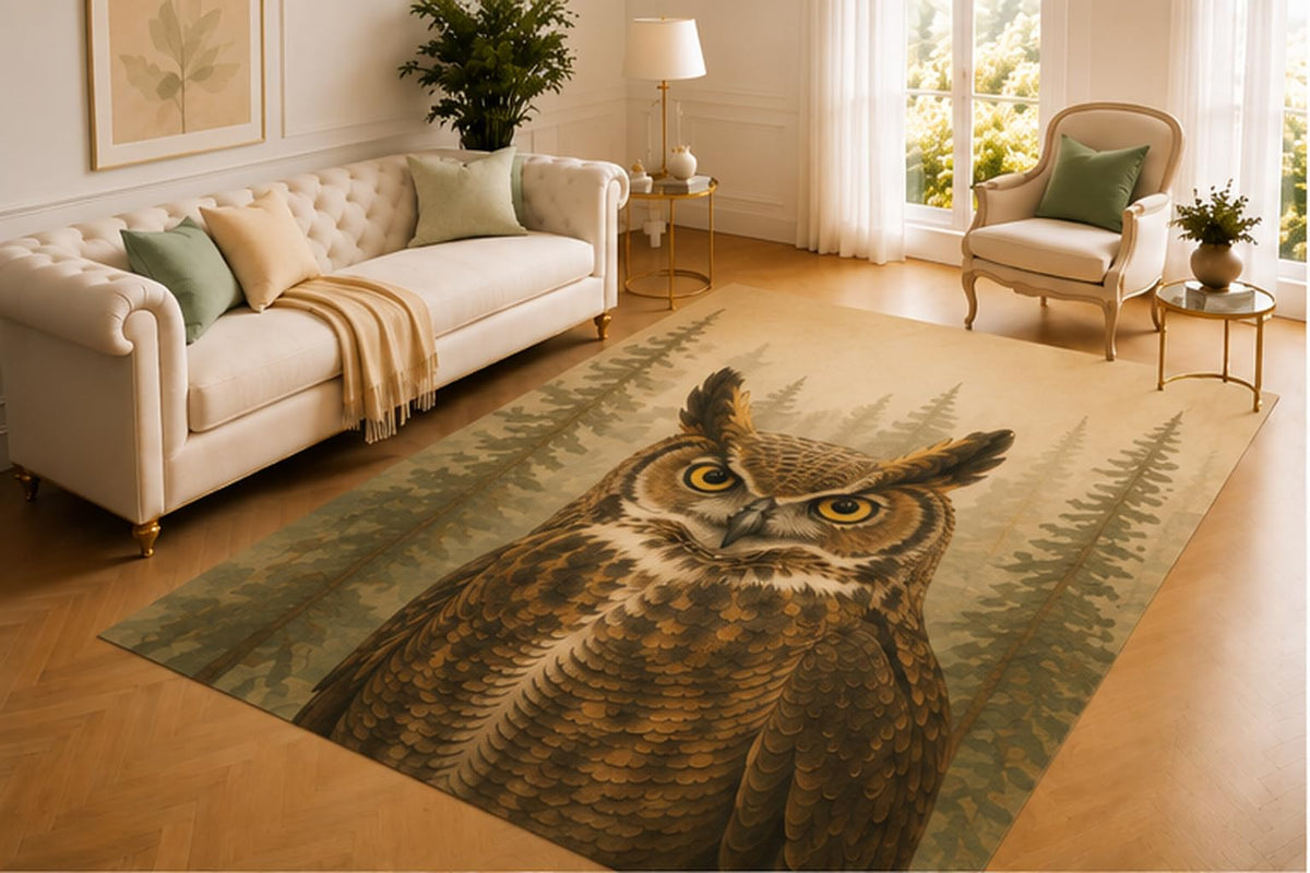 ICE ARMOR 5' x 7' Great Horned Owl Rug, Majestic Woodland Bird with Forest Trees, Soft Printed Floor Cover for Living Room, Bedroom, Study and Cabin Home Decor