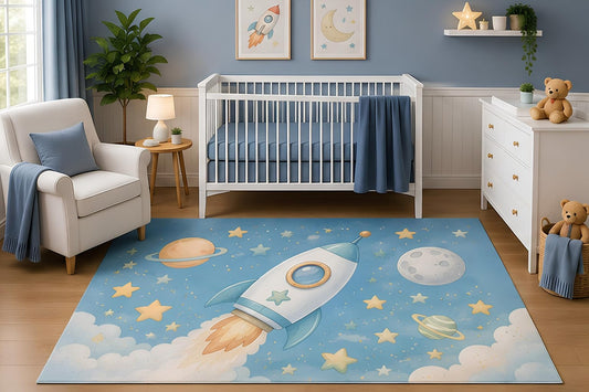 ICE ARMOR 5' x 7' Space Rocket Area Rug for Nursery Room, Watercolor Rocket Ship Planets Stars Galaxy Adventure Design for Baby Boy Playroom, Non-Slip Silicone Backing Low Pile