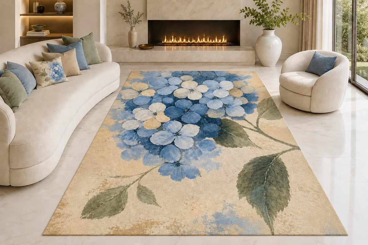 ICE ARMOR "Ultra Lightweight Large 6'7" x 9'10" Blue Hydrangea Bloom Area Rug for Living Room, Bedroom and Home Office, Soft Low Pile Carpet with Non-Slip Silicone Backing, Blue and Cream