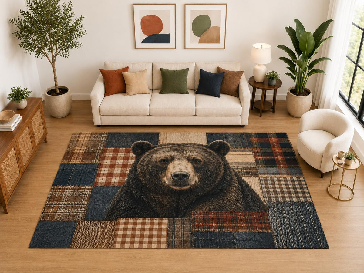 ICE ARMOR "Ultra Light Weight Large 6'7" x 9'10" Bear Plaid Area Rug, Soft Low Pile Indoor Rug, Non-Slip Silicone Backing, Living Room, Brown