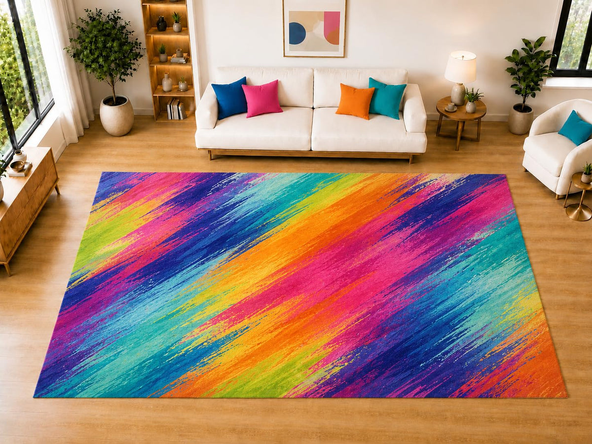 ICE ARMOR "Ultra Light Weight Large 6'7 x 9'10 Vibrant Brushstroke Stripes Area Rug for Living Room, Dining Room, and Bedroom, Soft Low Pile Indoor Rug, Artistic Floor Decor